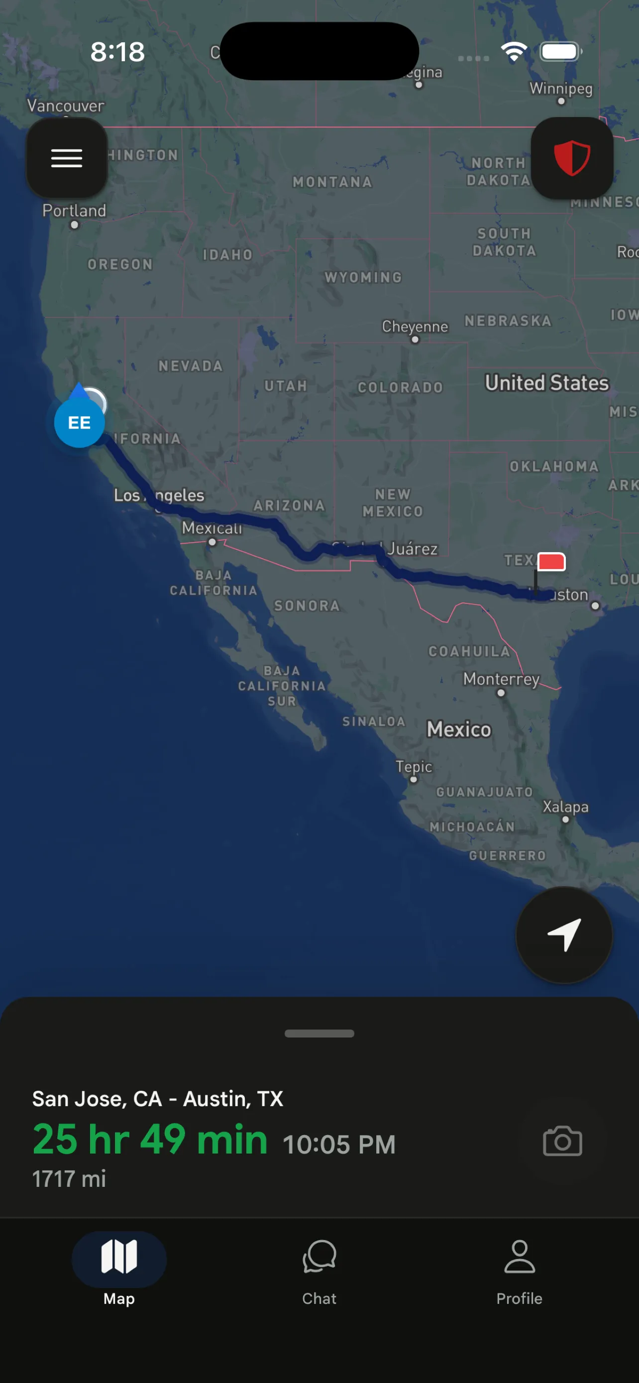 Streamm Vector field app: live route from San Jose to Austin