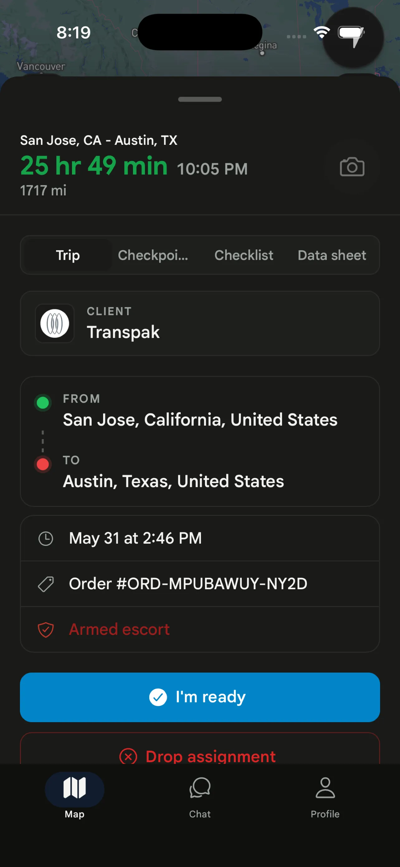 Streamm Vector trip detail: client, route, and order number