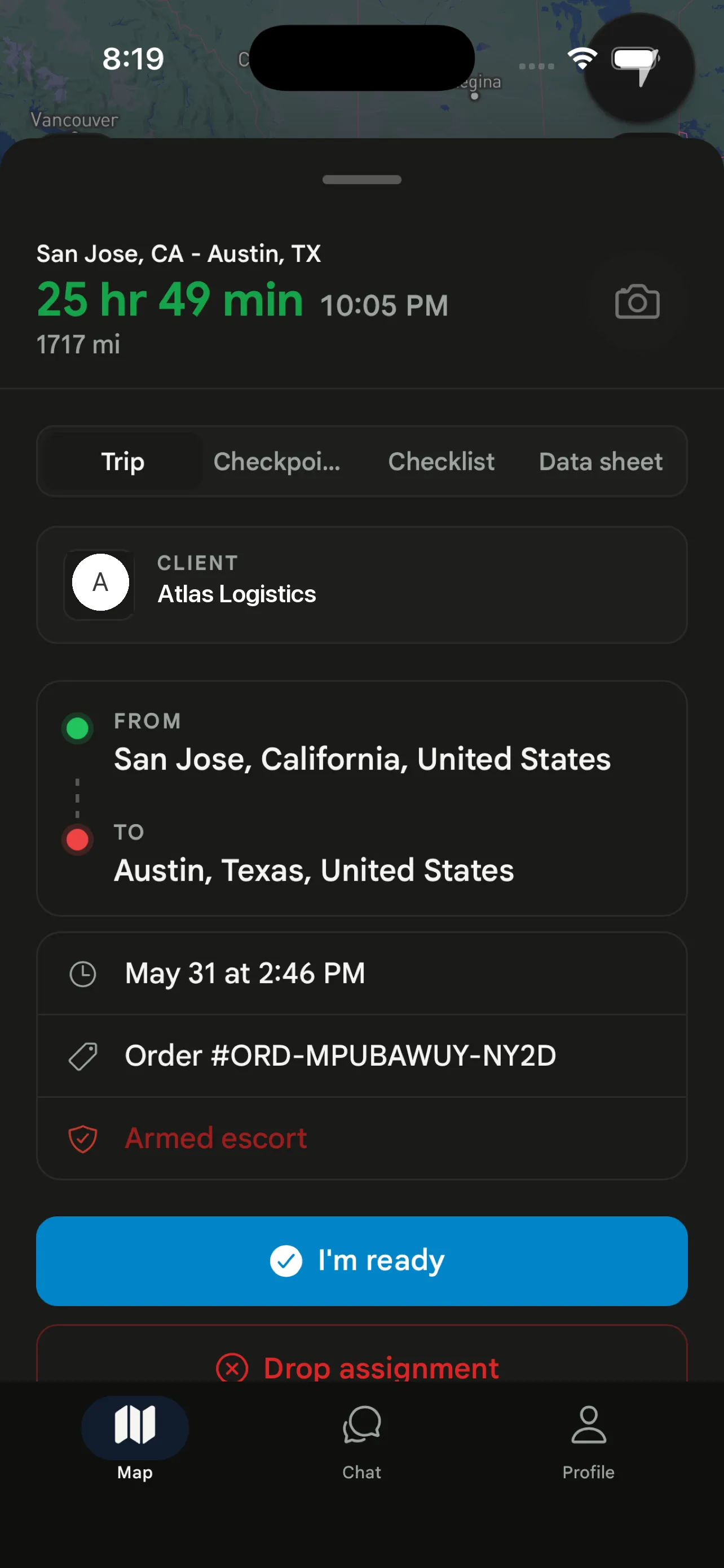 Trip detail with client, route, and order number